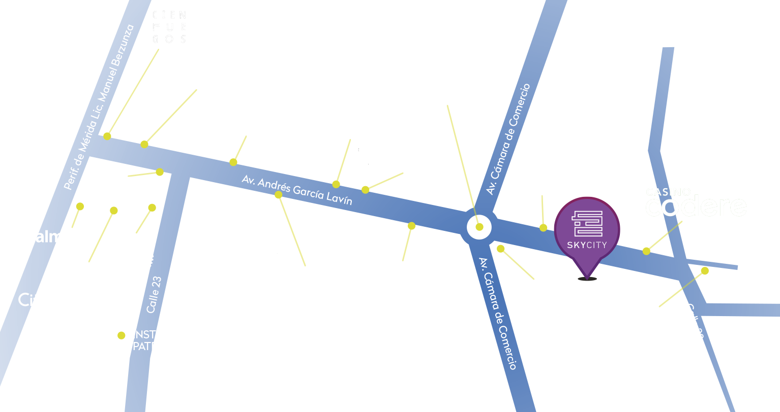 Mapa de Skycity, Oficinas, Corporativos, Departamentos, Todo incluido en Mérida Yucatán.